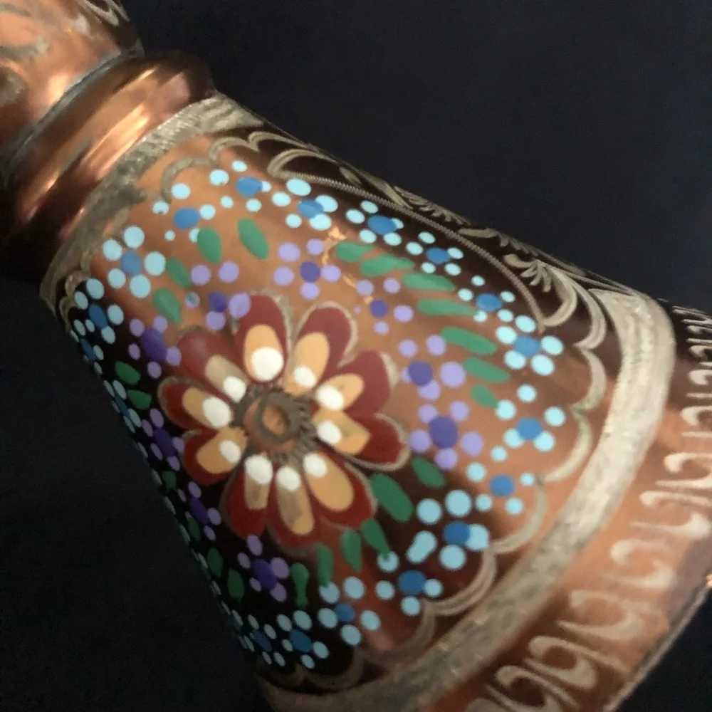 Vintage Hand Painted & Etched Copper Vase with Floral Designs